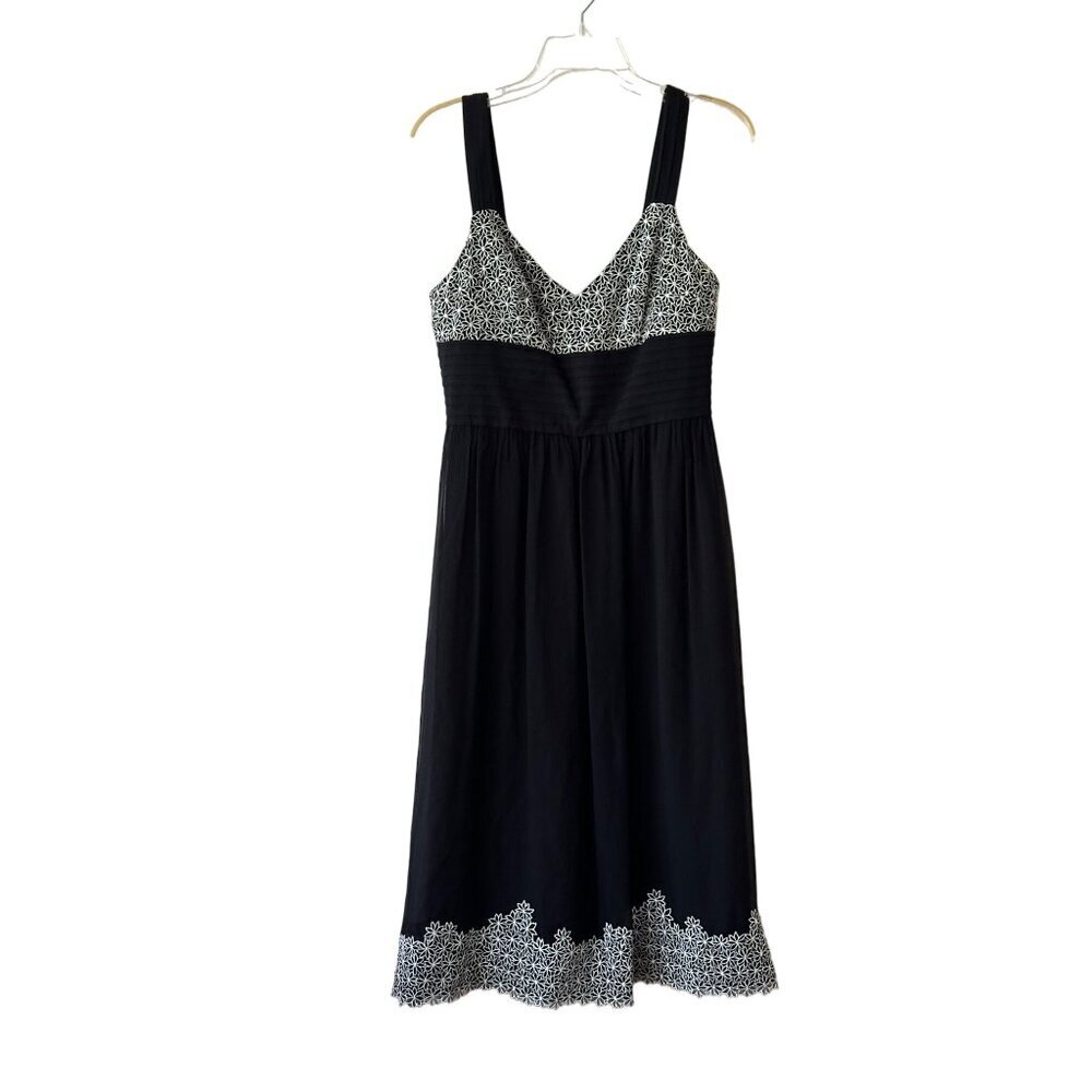 Kay Unger New York 100% Silk Midi Dress Black & White Floral Embroidered Size 8